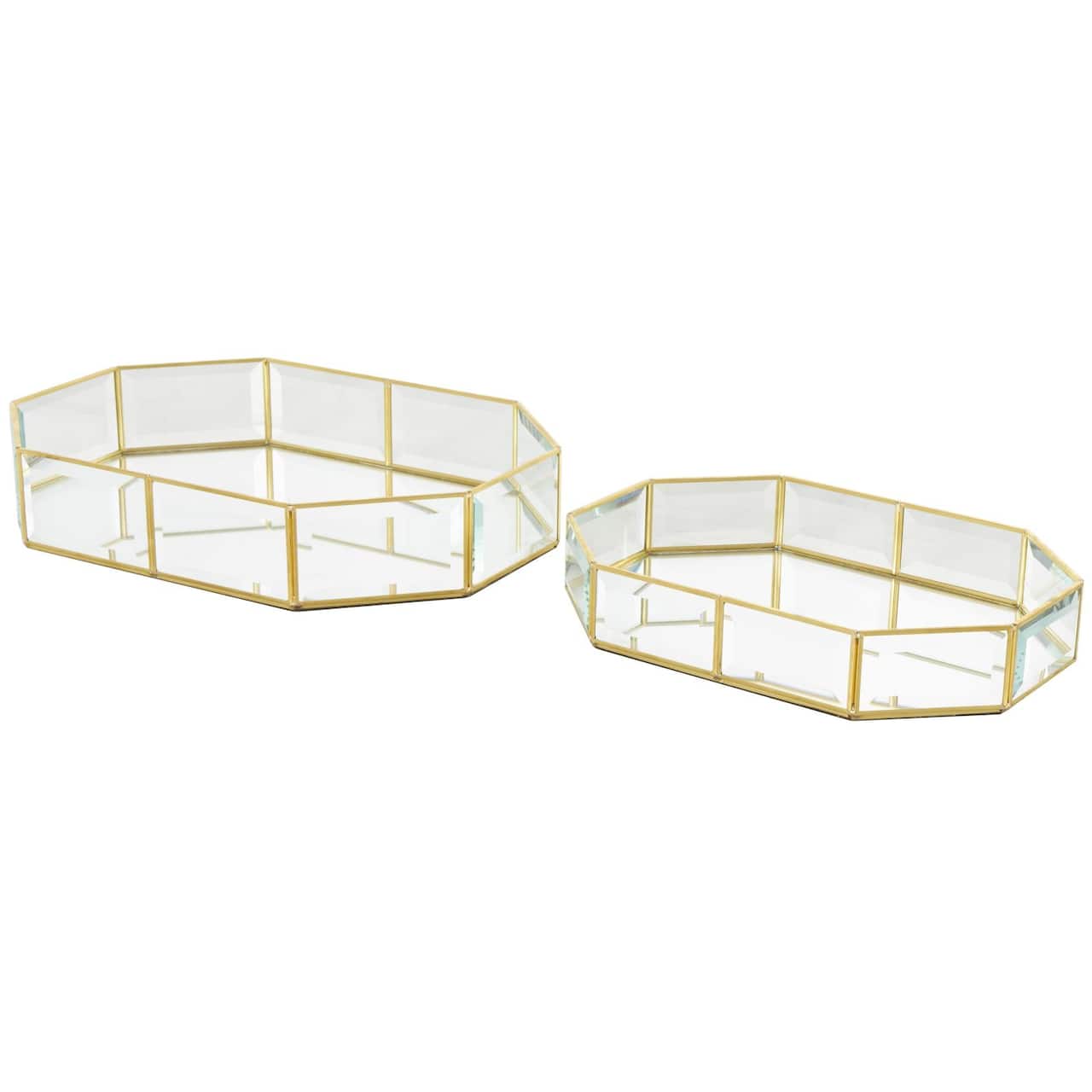 Clear & Gold Beveled Glass & Metal Wide Octagon Jewelry Box Set